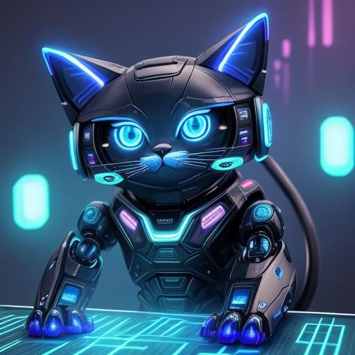 Android Cat Robot with Glowing Neon Circuitry