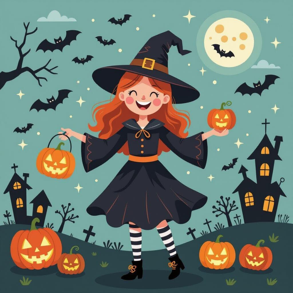 Joyful Halloween Witch Flying Broomstick