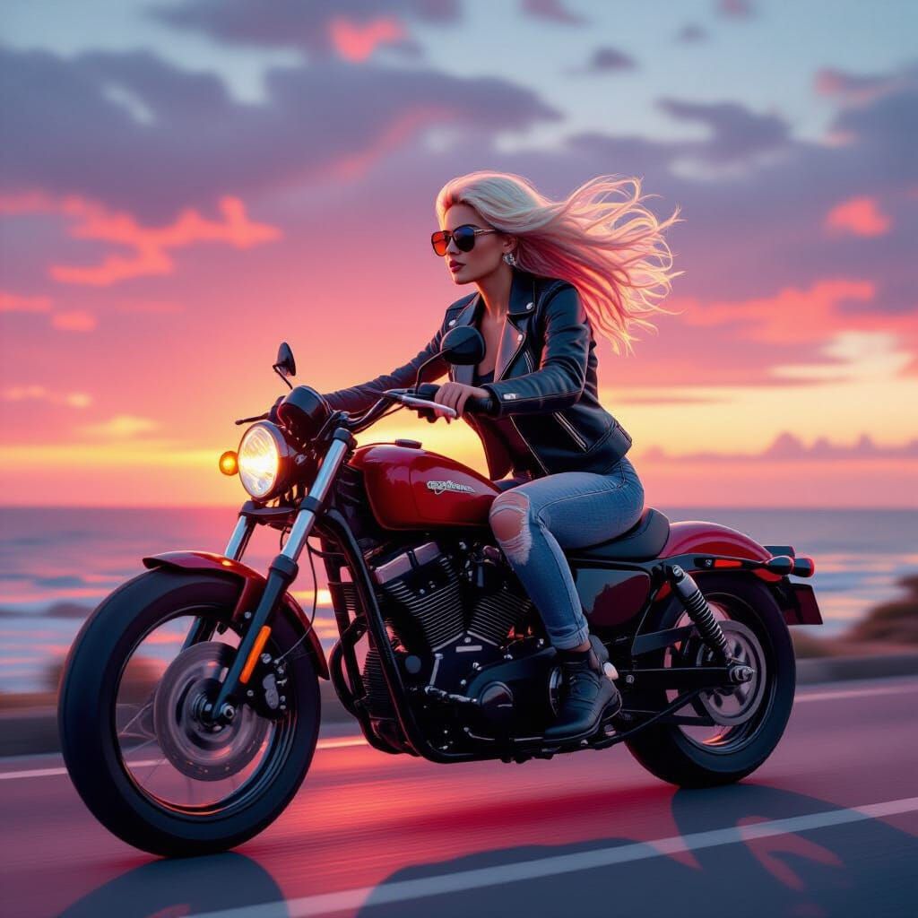Woman on Motorcycle at Sunset in Cinematic Style
