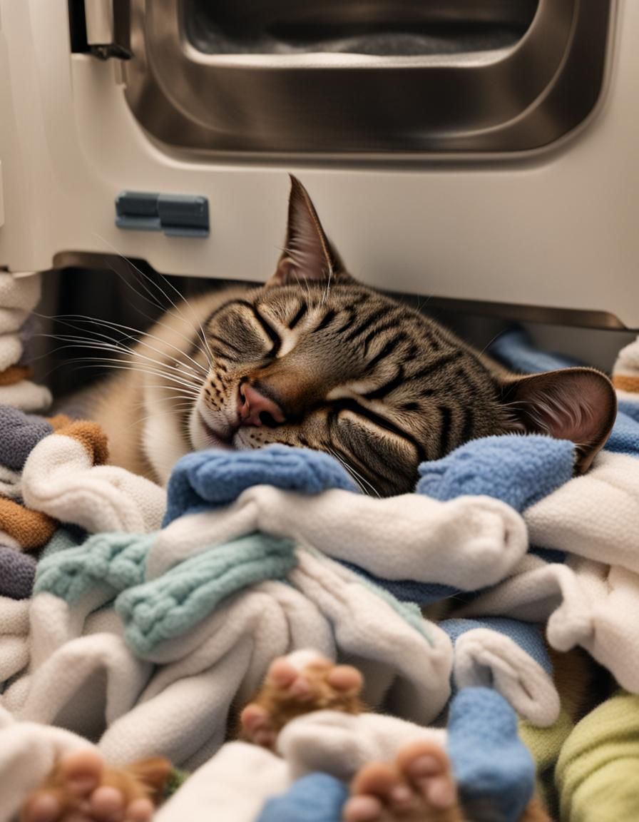 Sleepy Cat Curled in Laundry Pile