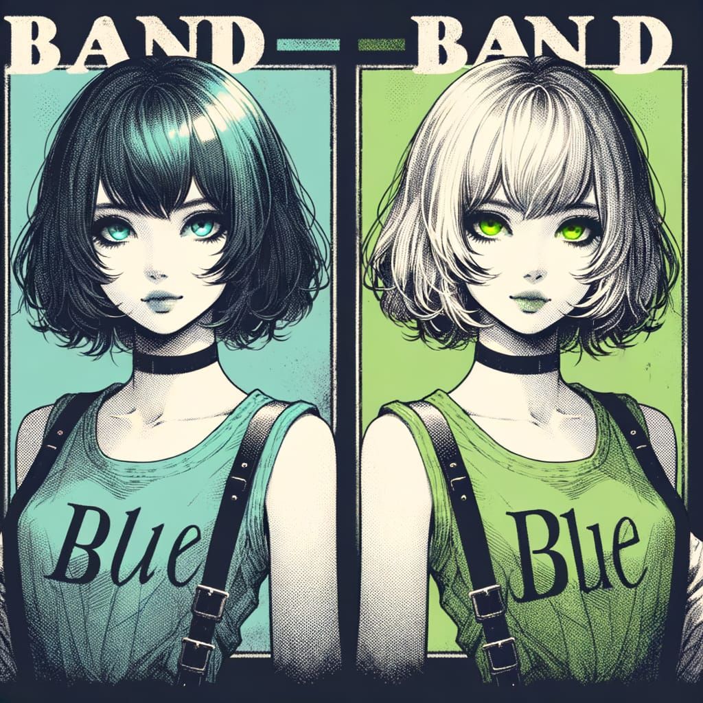Vintage Manga Style Band T-Shirt: Blue & Green Duo