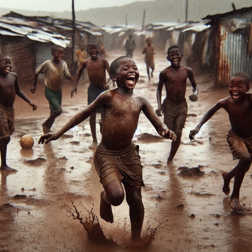 Muddy Soccer Game in African Slum