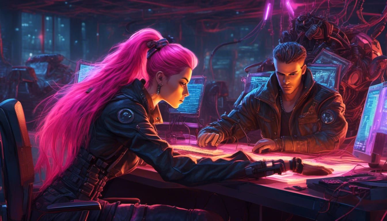 Cyberpunk Hacker Scene with Dramatic Lighting