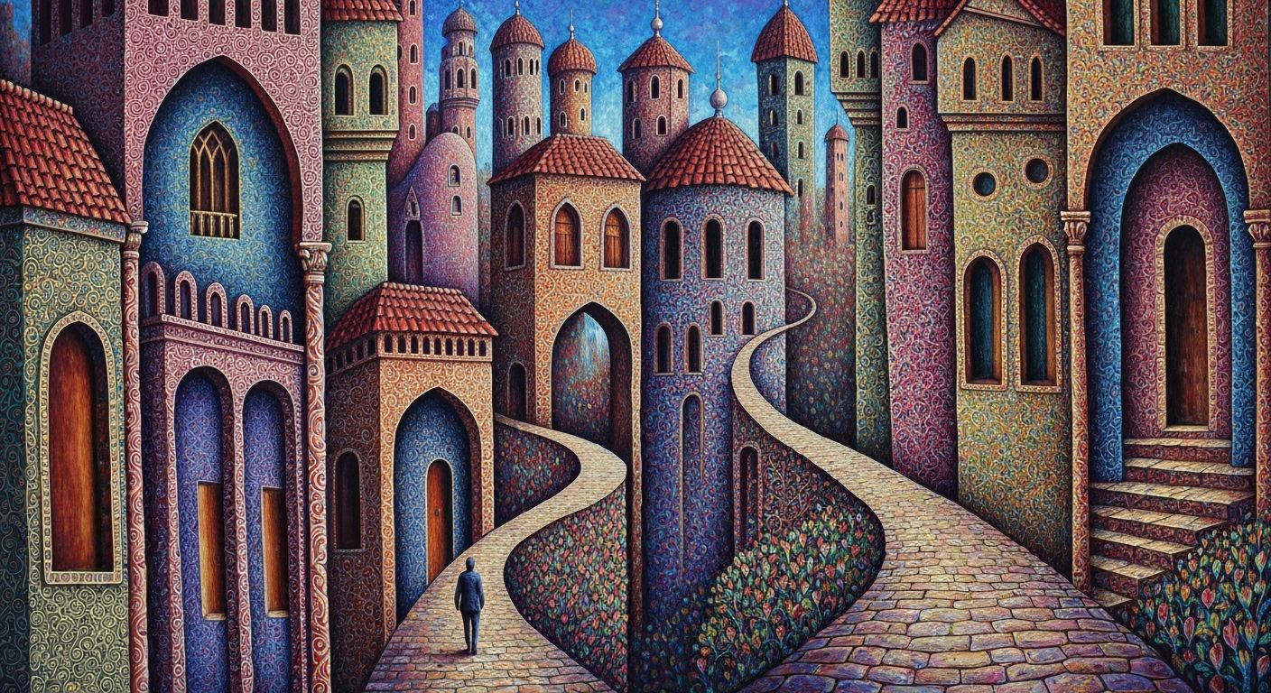 Surreal Cityscape With Lone Figure in Naive Art Style