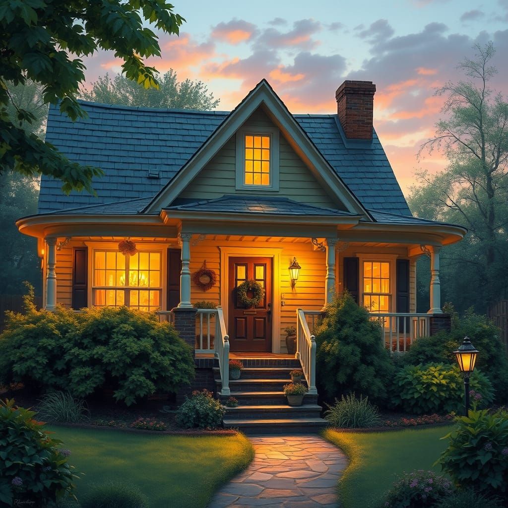 Cozy Home at Dusk in Whimsical Style