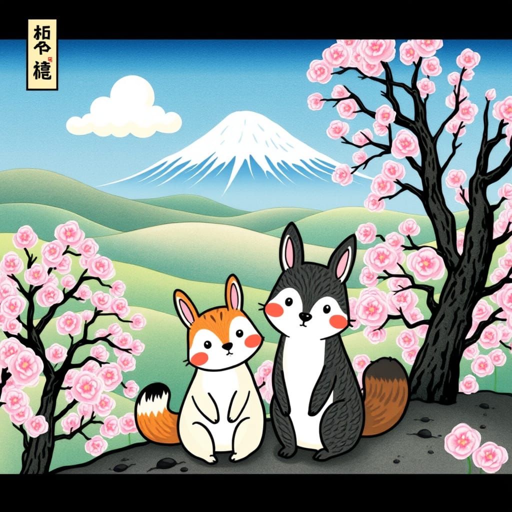 Vibrant Cartoon Couple in Dreamlike Landscape