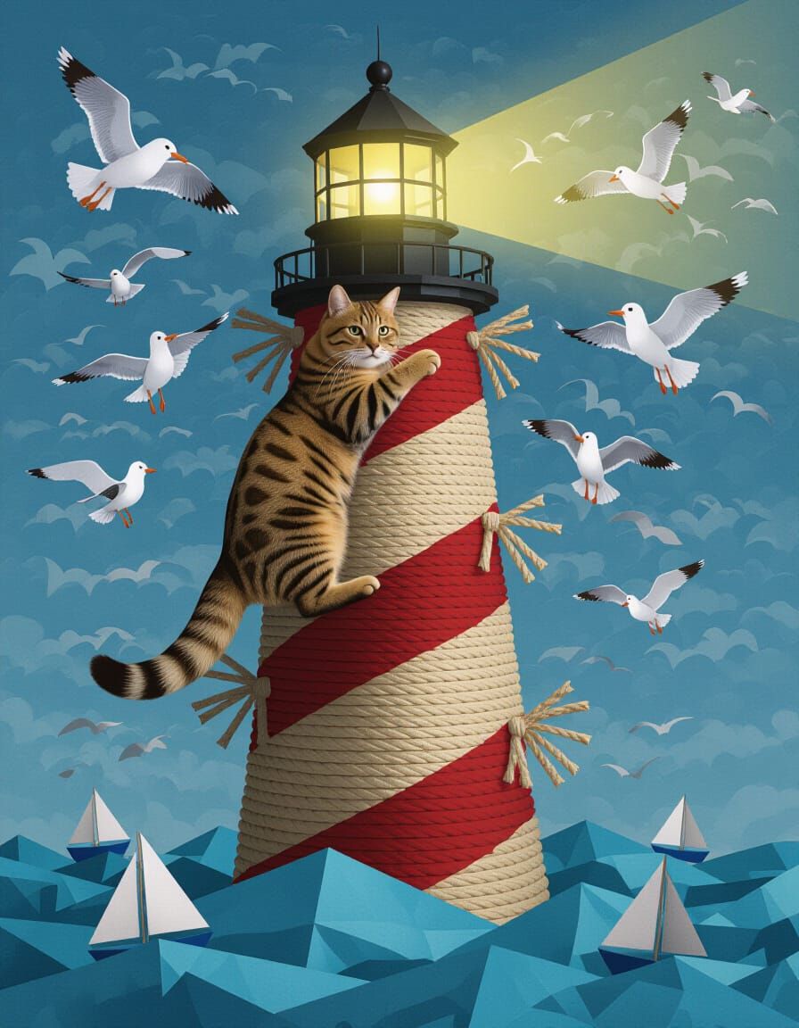 Giant Tabby Cat Climbs Lighthouse Scratching Post