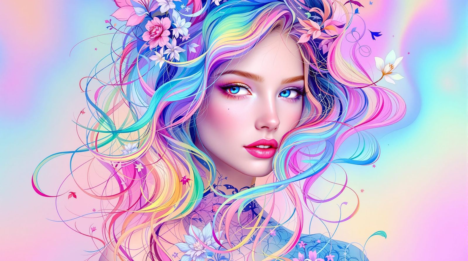Rainbow Hair Portrait in Art Nouveau Style