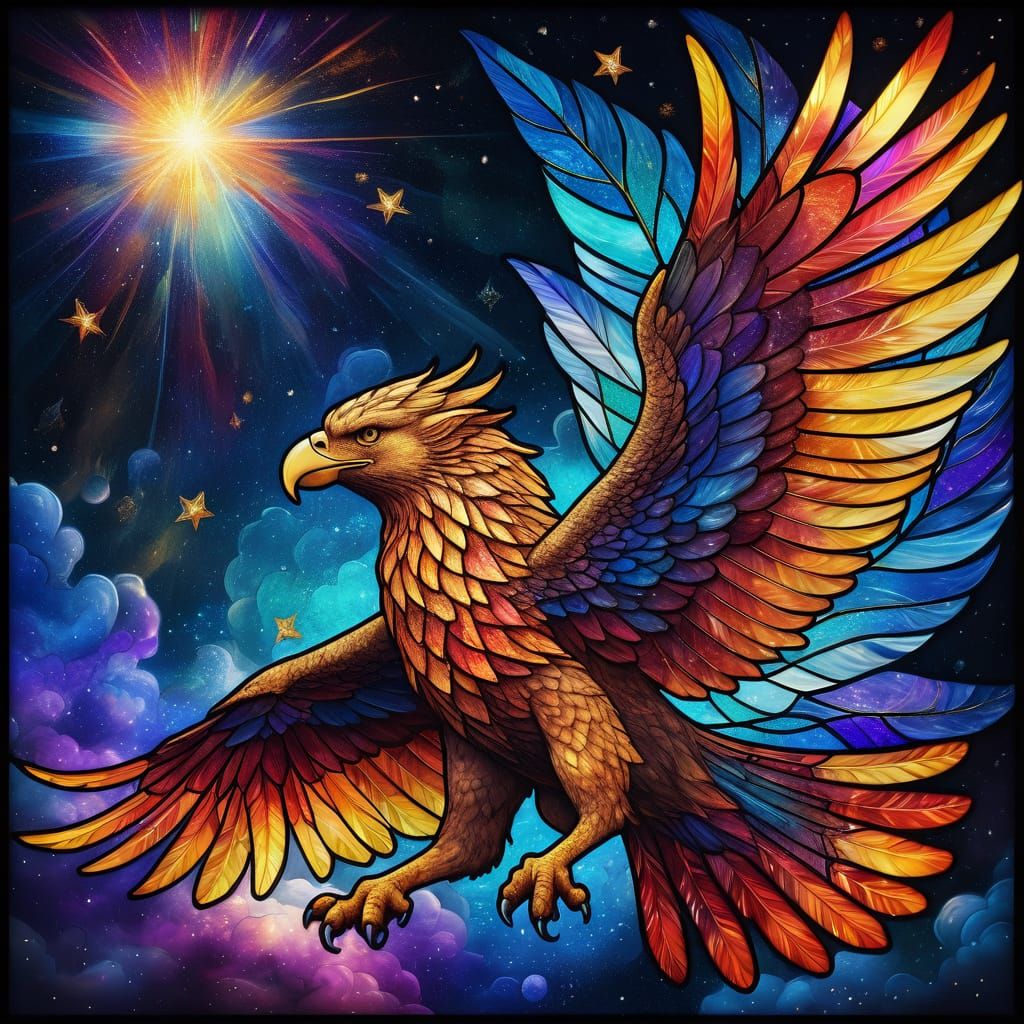 Griffin Soaring Through Nebula in Stained Glass Style