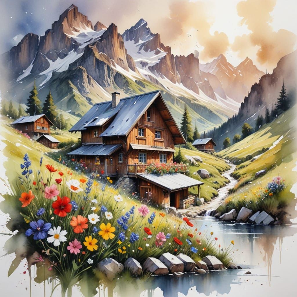 Swiss Alpine Meadow Chalets Amidst Wildflowers and Snow-Dust...