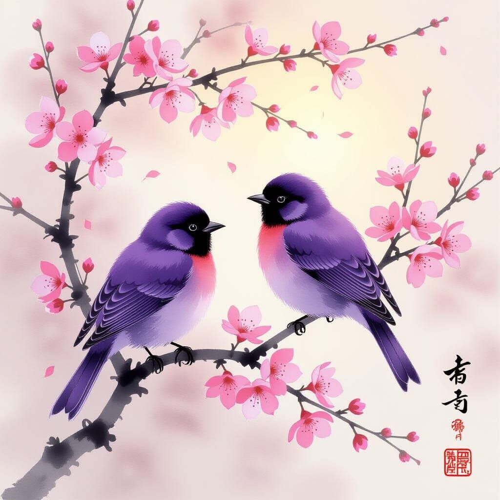 Two Purple Birds in Chinese Ink Wash Cherry Blossoms