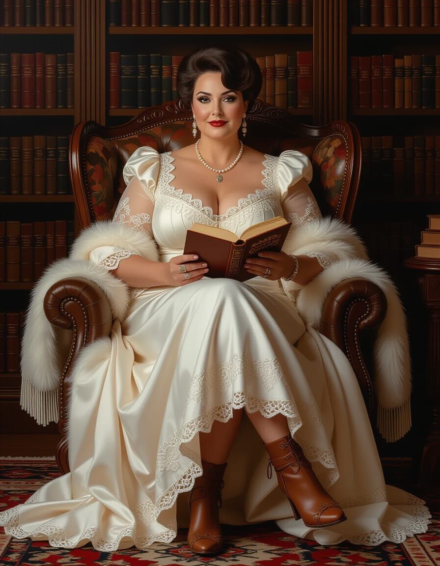 Victorian Lady Reading in Library, Melting Oil Style