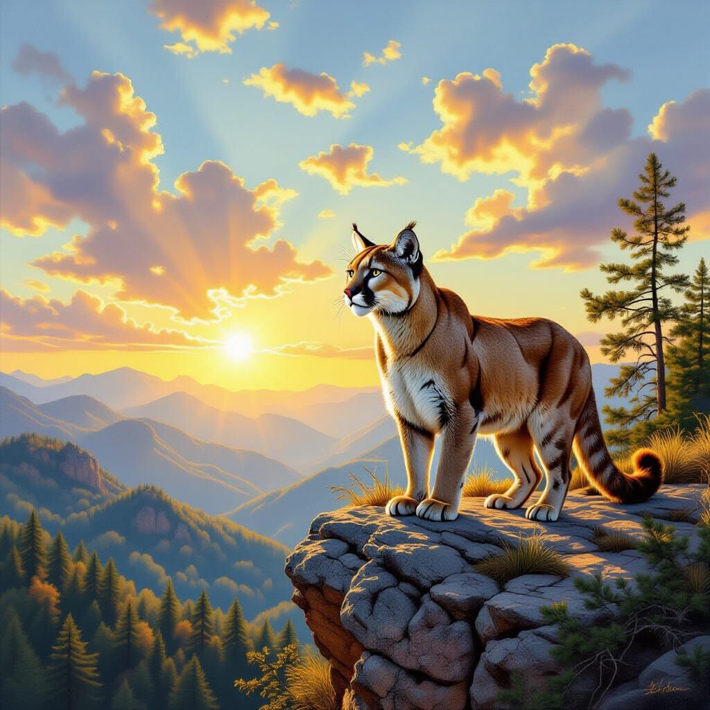 Oil painting of Beautifully majestic cougar standing on the cliffside, woods behind her, she surveys her domain, Sunligh...