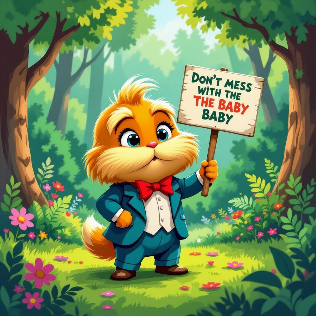 Baby Lorax in Whimsical Forest, Digital Art