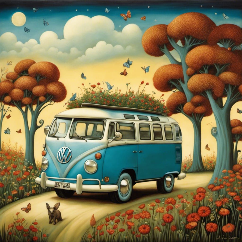 Blue Retro VW Bus in Illustration Style