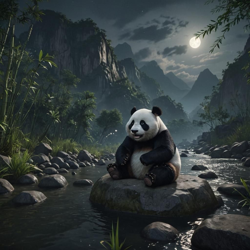 Panda in Mountain River at Night, Hyperrealistic 3D