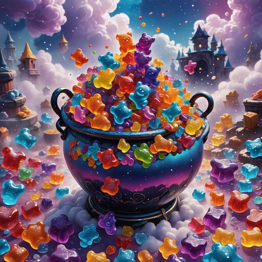 Gummy Bears Spill From Mystical Cauldron: Fantasy Art
