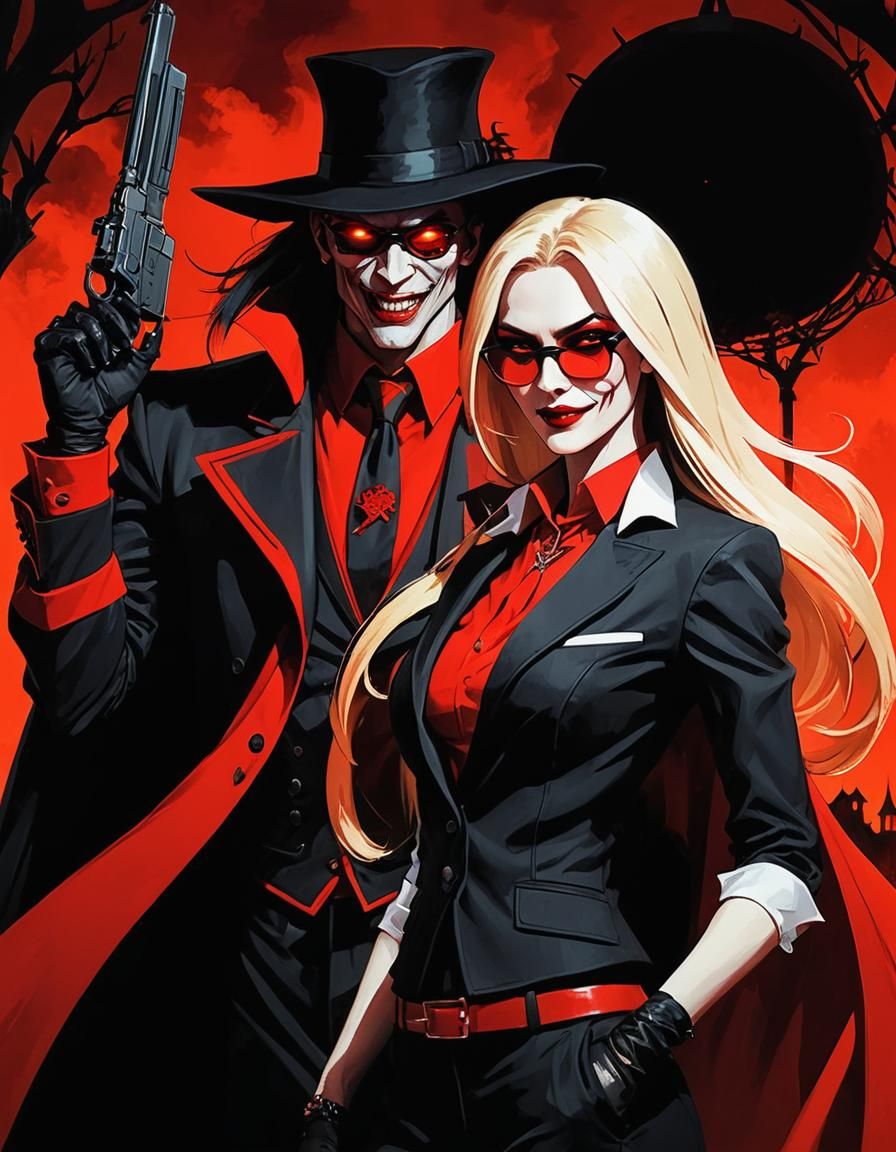 Macabre Dark Fantasy Vampire and Woman in Red