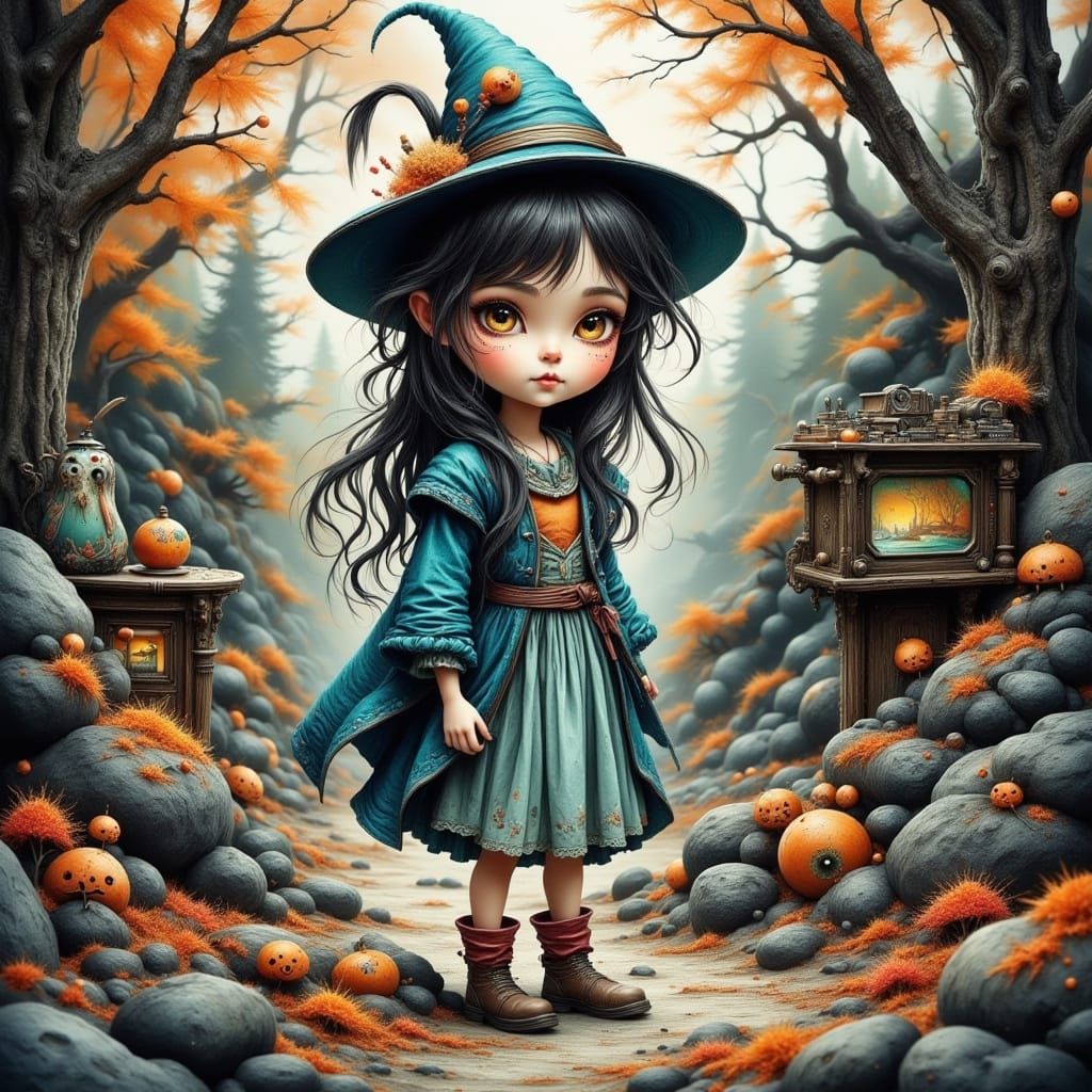 Whimsical Child in Dreamy Liminal Space, Watercolor and Ink