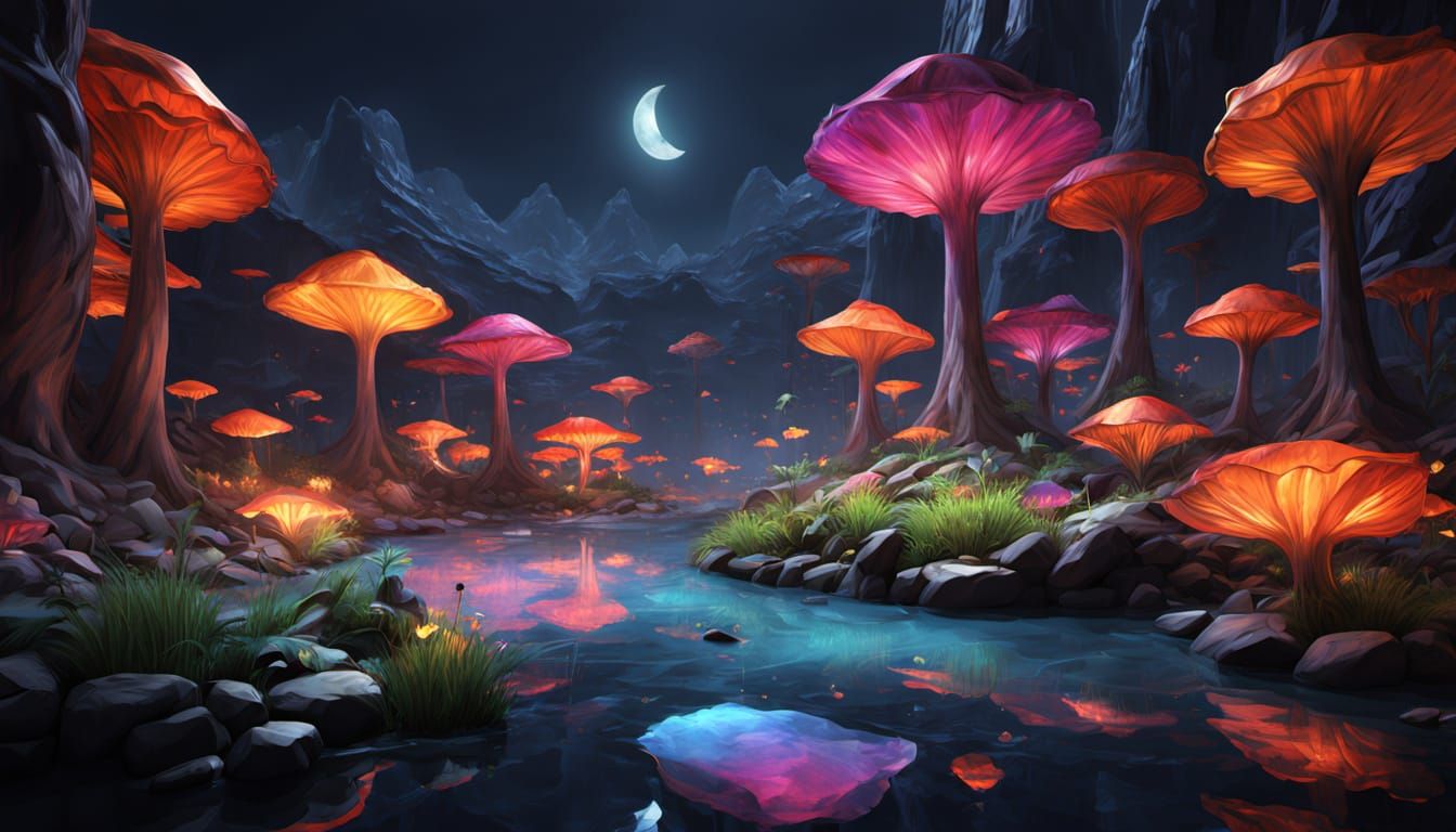 Night Scene in Triadic Colors with Psychedelic Elements