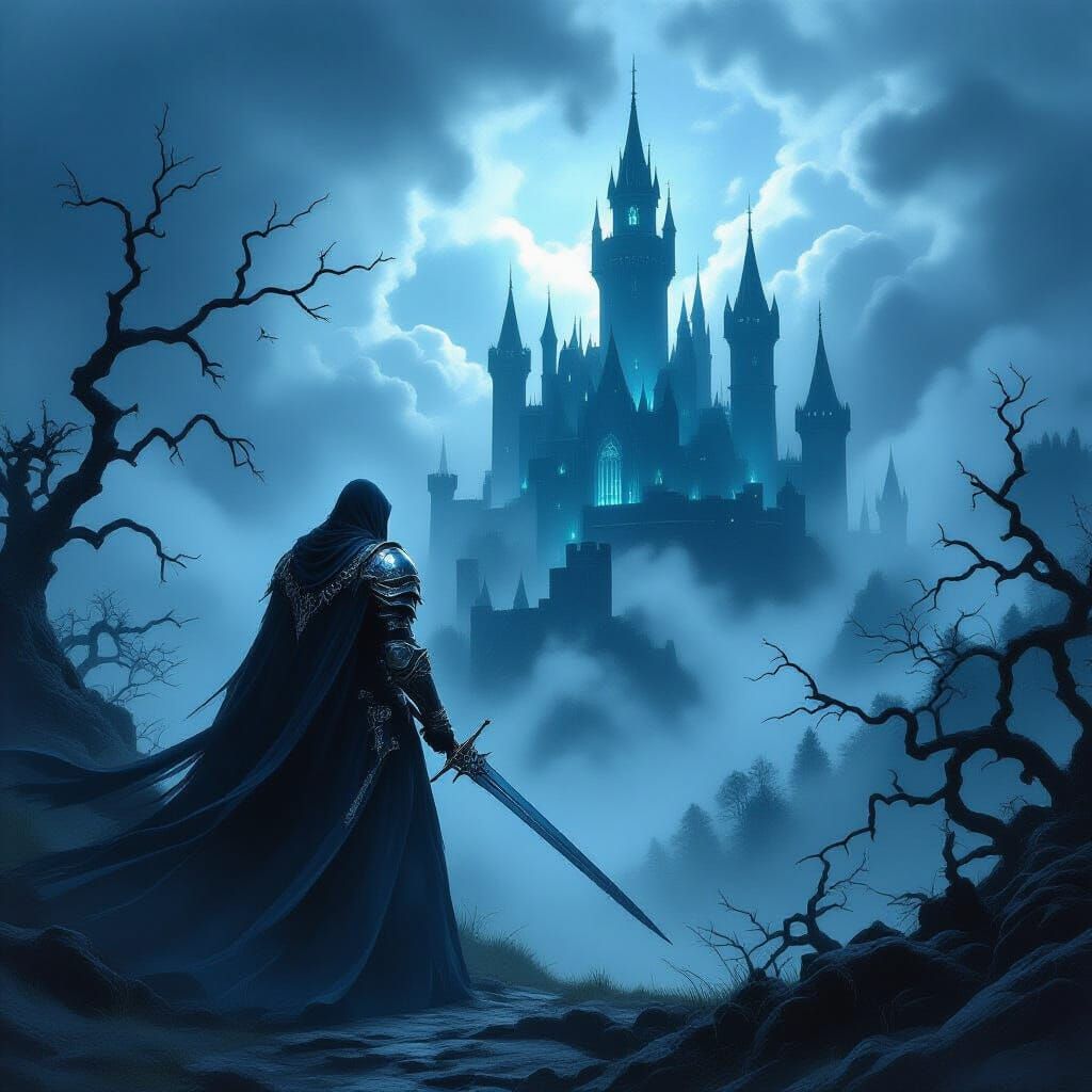 Spectral Knight in Gothic Horror Landscape