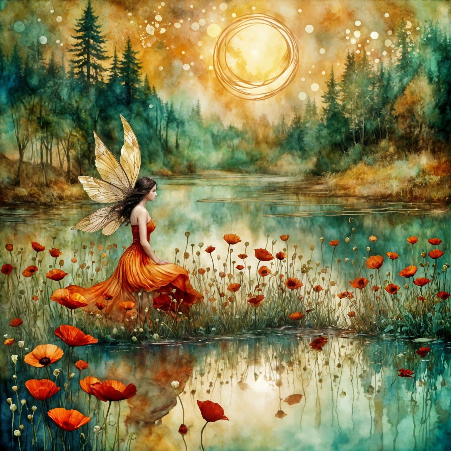 Summer Fairy at Sunset Lake in Watercolor Style