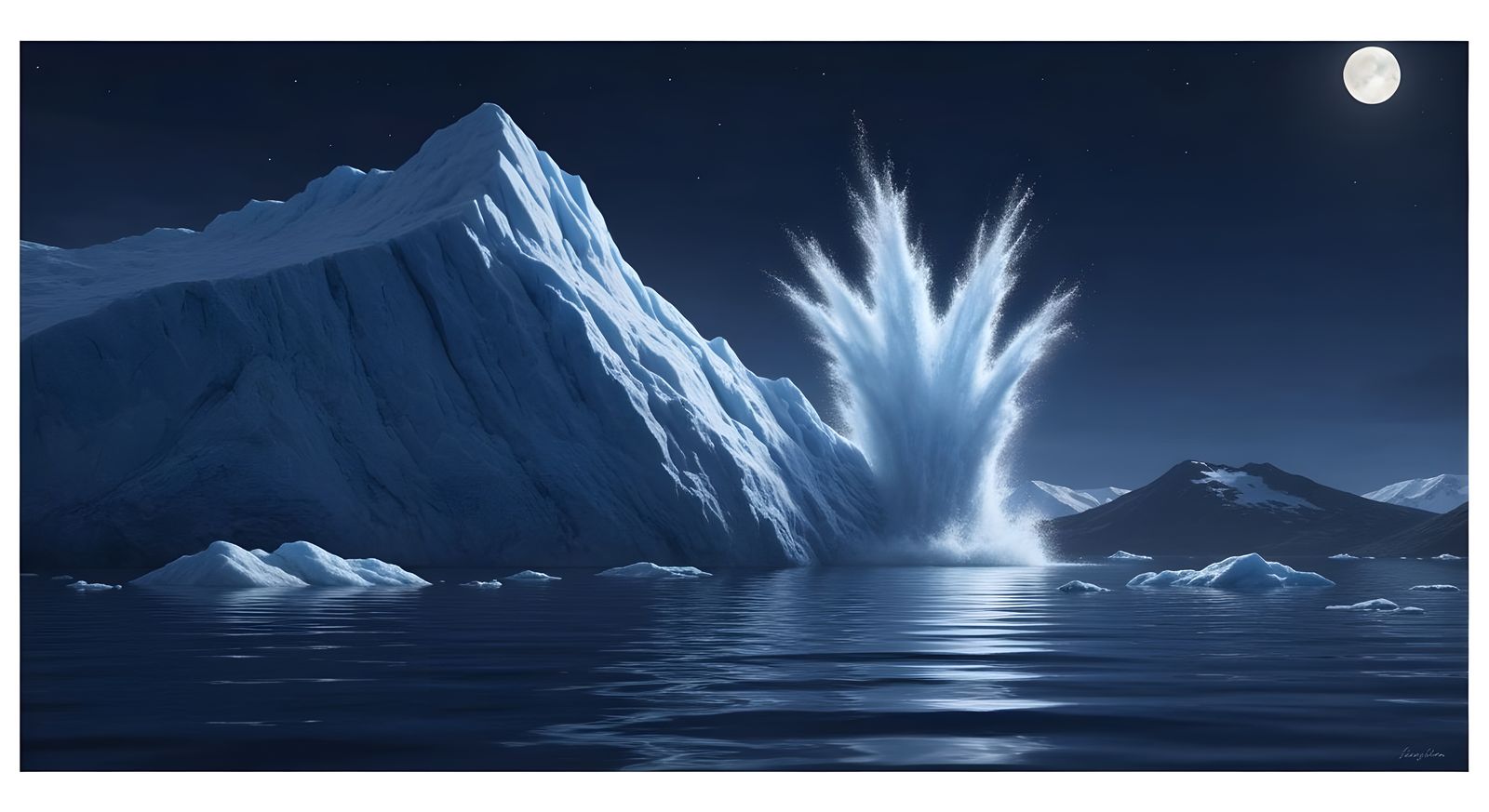 Giant Glacier Calving Into Moonlit Sea