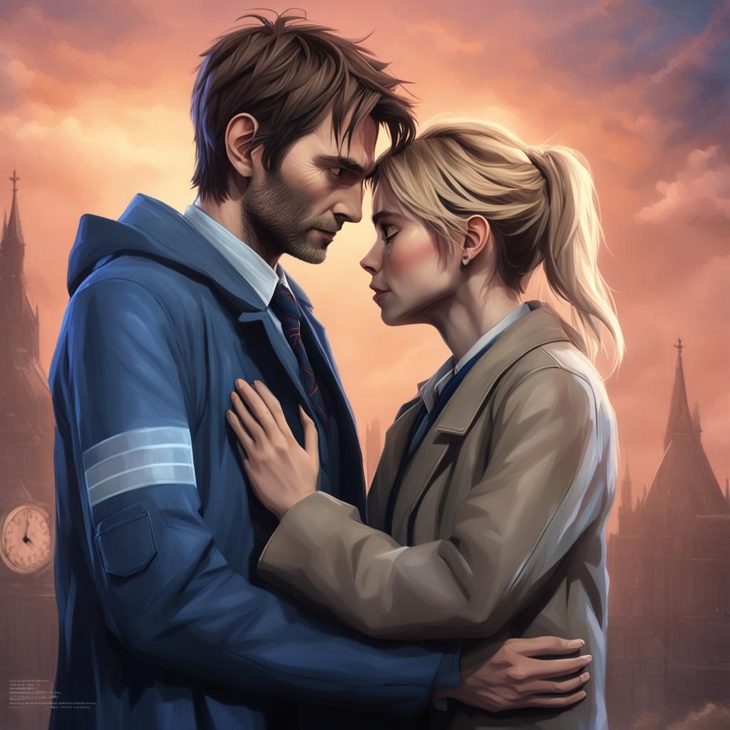 David Tennant as The Doctor and Billie Piper as Rose Tyler hugging By artist "anime", 3d anime art, inspired by WLOP, Ar...
