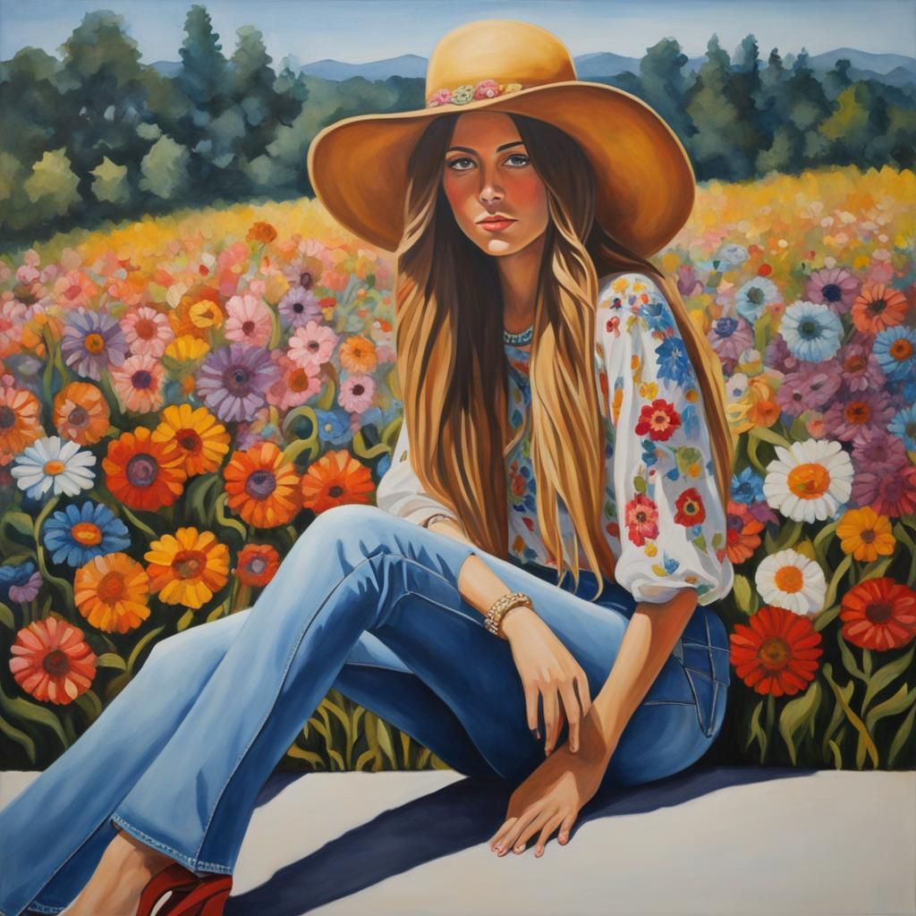 Hippie Girl Dancing at Concert as Oil Painting