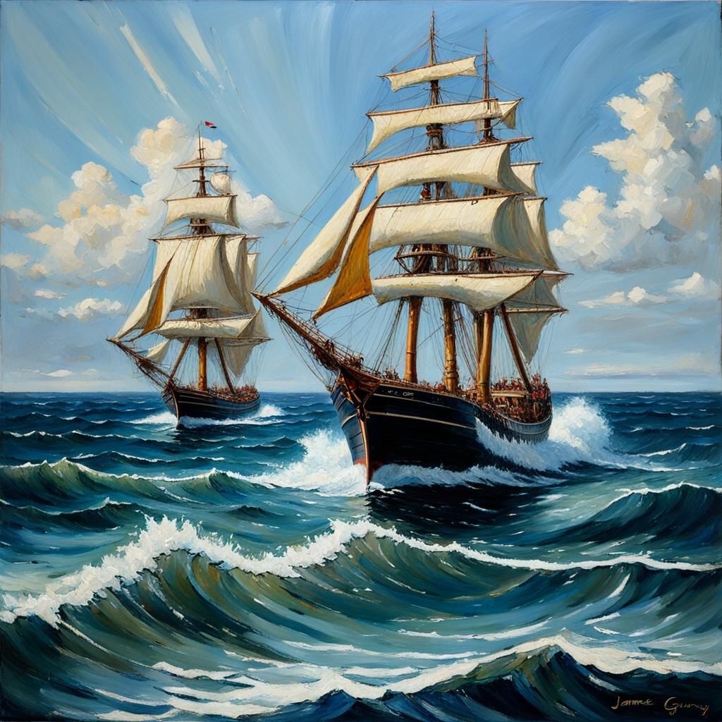 Two Ships Sailing on the Sea in Oil Painting Style