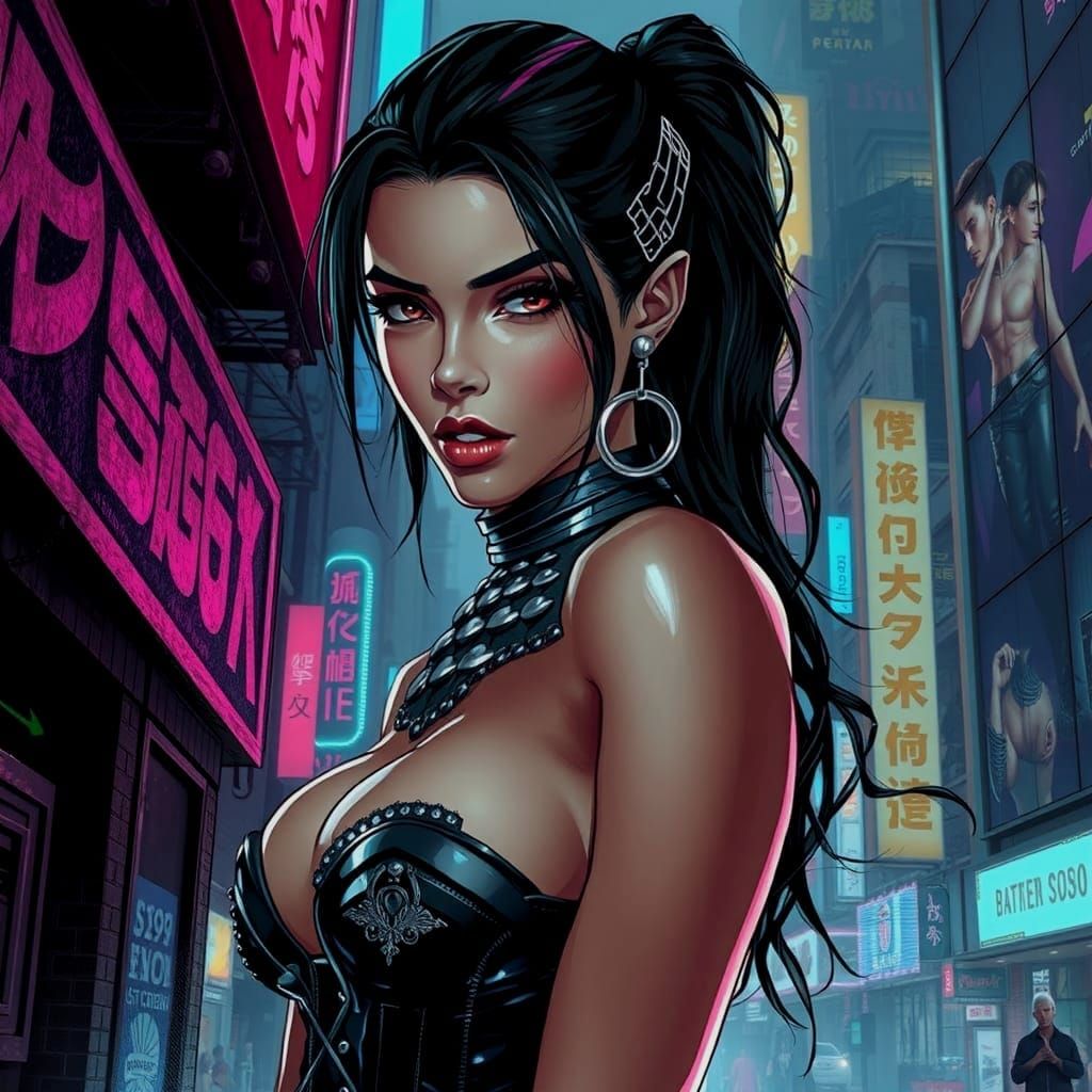 Cyberpunk Courtesan with Sensual Chest in Digital Art
