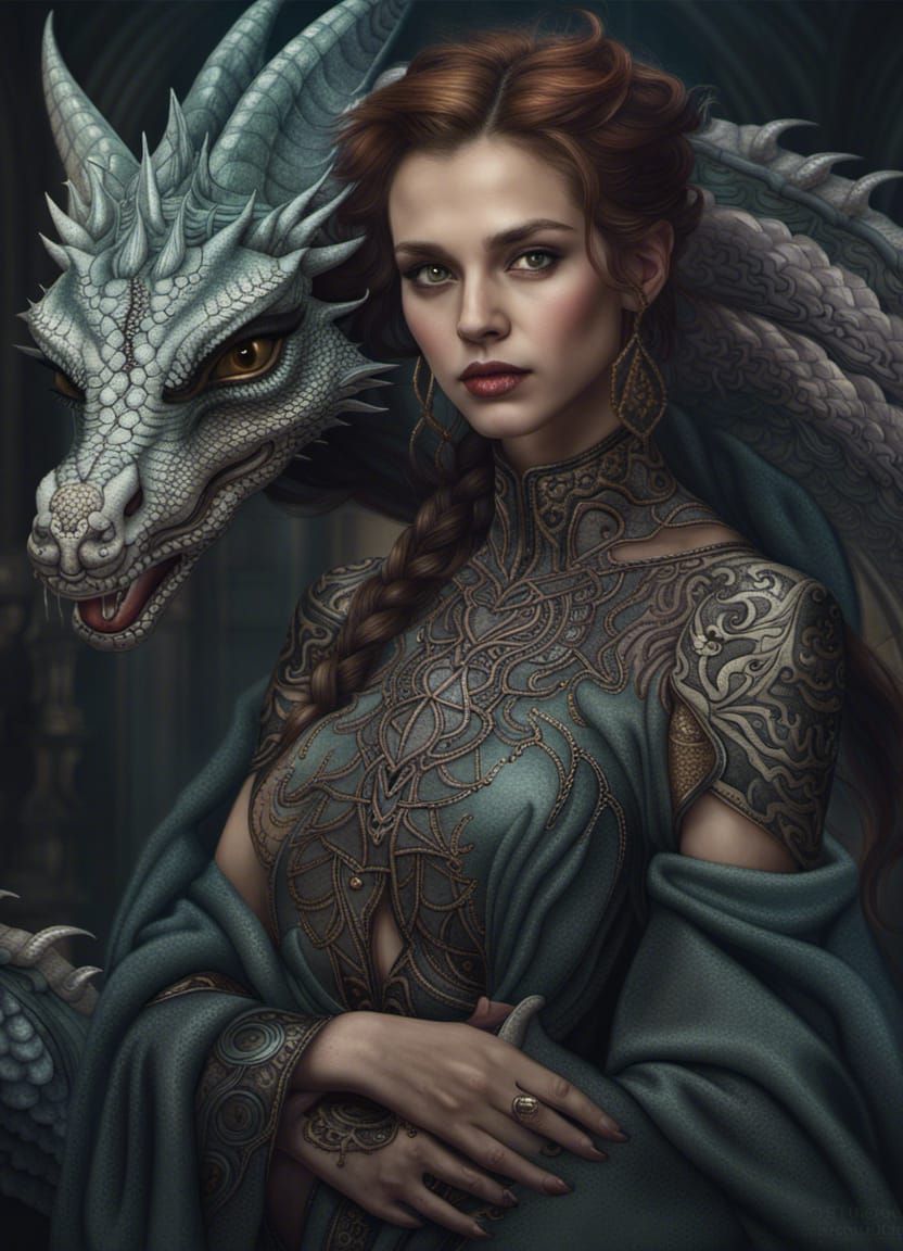Woman and Dragon Portrait in Gothic Style