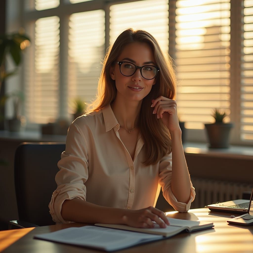 Attractive Woman in Office During Golden Hour