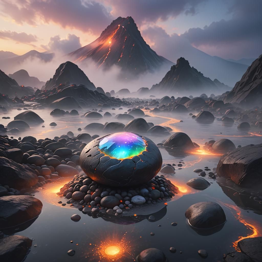 Ethereal Glowing Pebble in Volcanic Mist: Fantasy Art