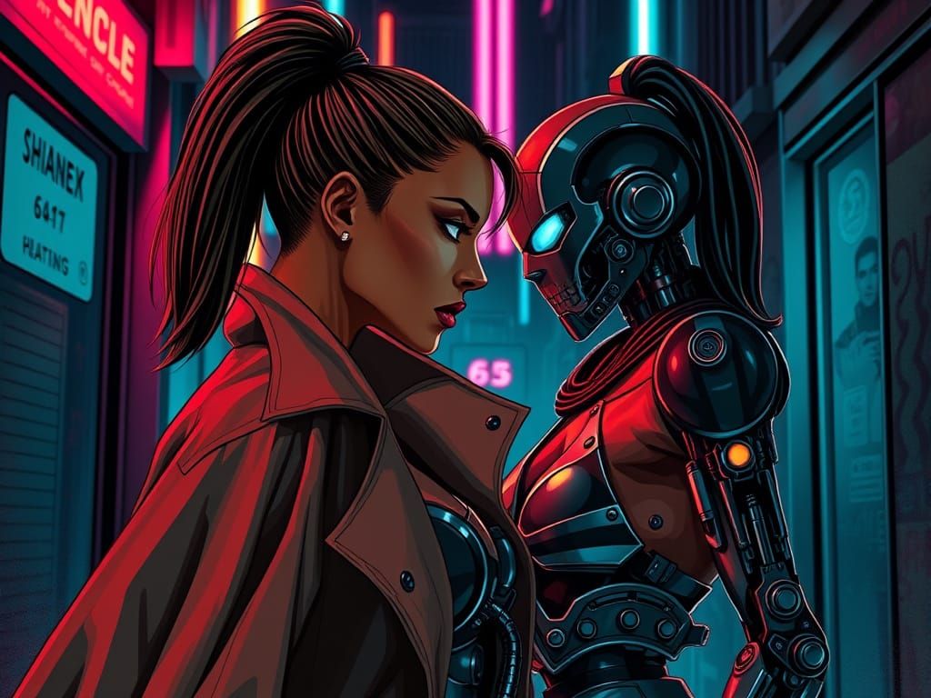 Cyberpunk Woman Confronts Cyborg Clone in Neon Alley