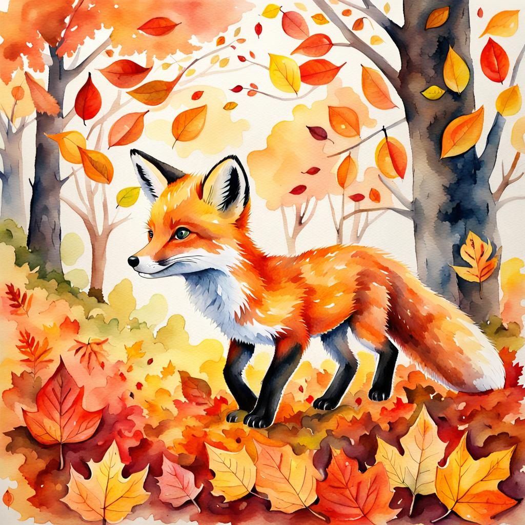 Cute Fox Cub in Watercolor Autumn Scene