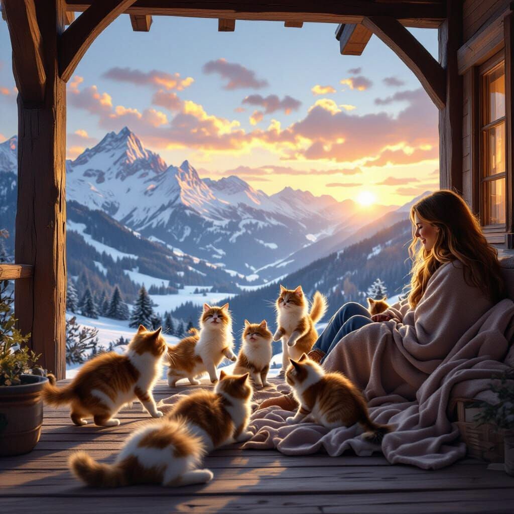 Playful Cats on Rustic Porch with Alpine Views