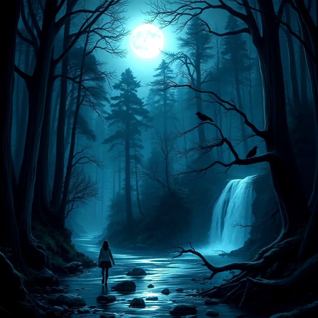 Mystical Moonlit Forest Scene at Night
