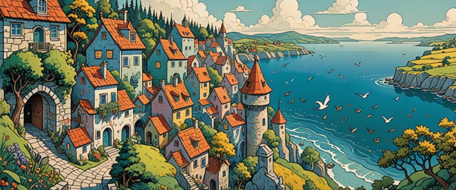 Lakeside Village in Naive Folk Art Comic Style