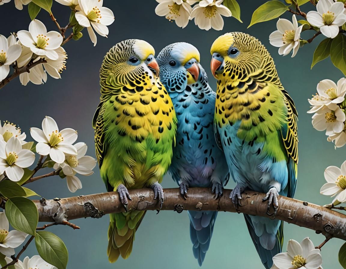 Rainbow Budgies Cuddling on Dogwood Branch