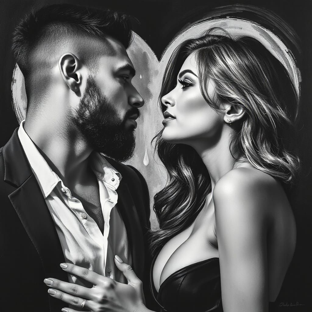 A striking black and white portrait of an emotive man and wo...