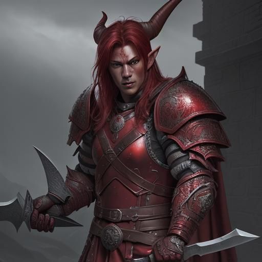Red Tiefling Warrior in Black Steel Armor