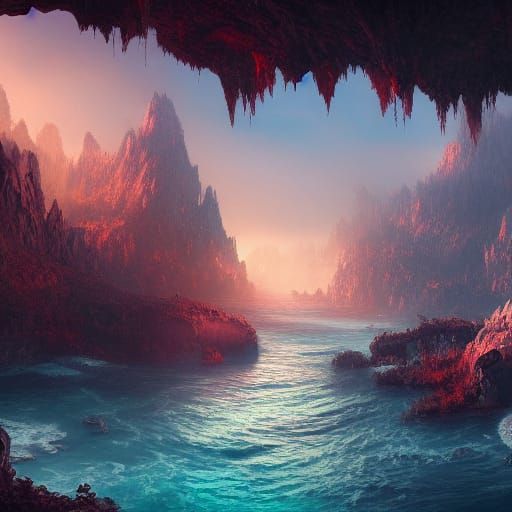 Fantastical Water Cave in Detailed Matte Painting Style
