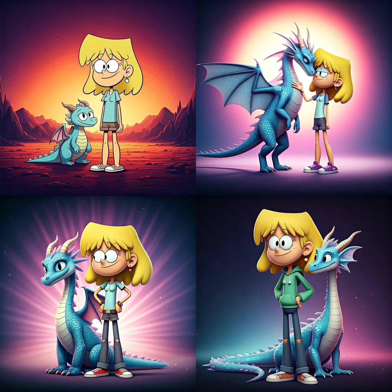 Lori Loud with Majestic Light Blue Dragon in Vibrant Disney-...