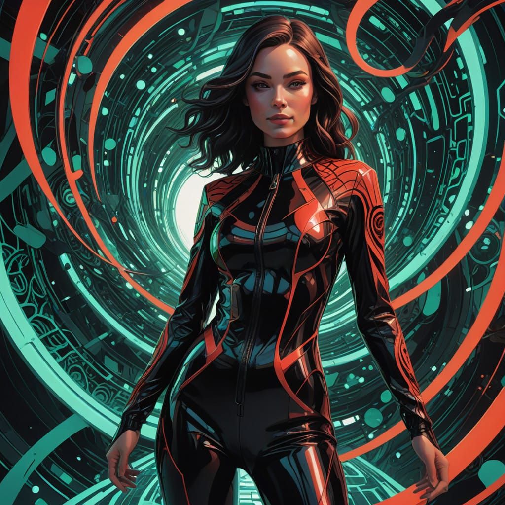 Radiant Cyberpunk Goddess in Vibrant Futuristic Landscape