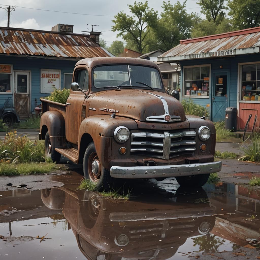 1950s Rusty Pickup Truck in Abandoned Town