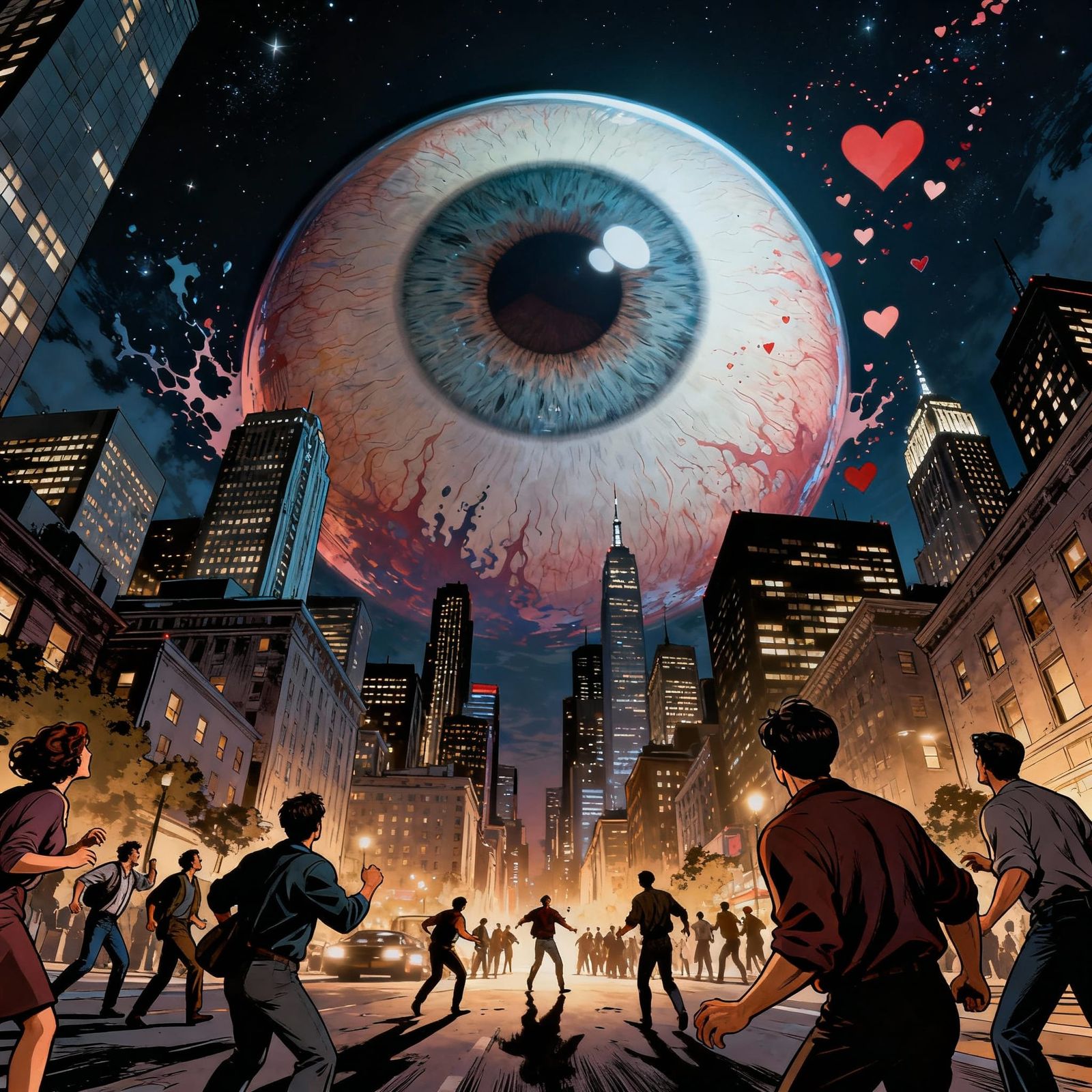 Giant Eyeball Over Cityscape in Comic Book Art Style