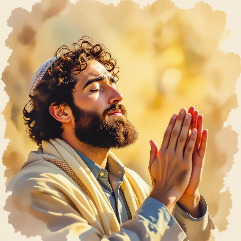Jewish Man in Prayer, Watercolor Painting with Golden Light