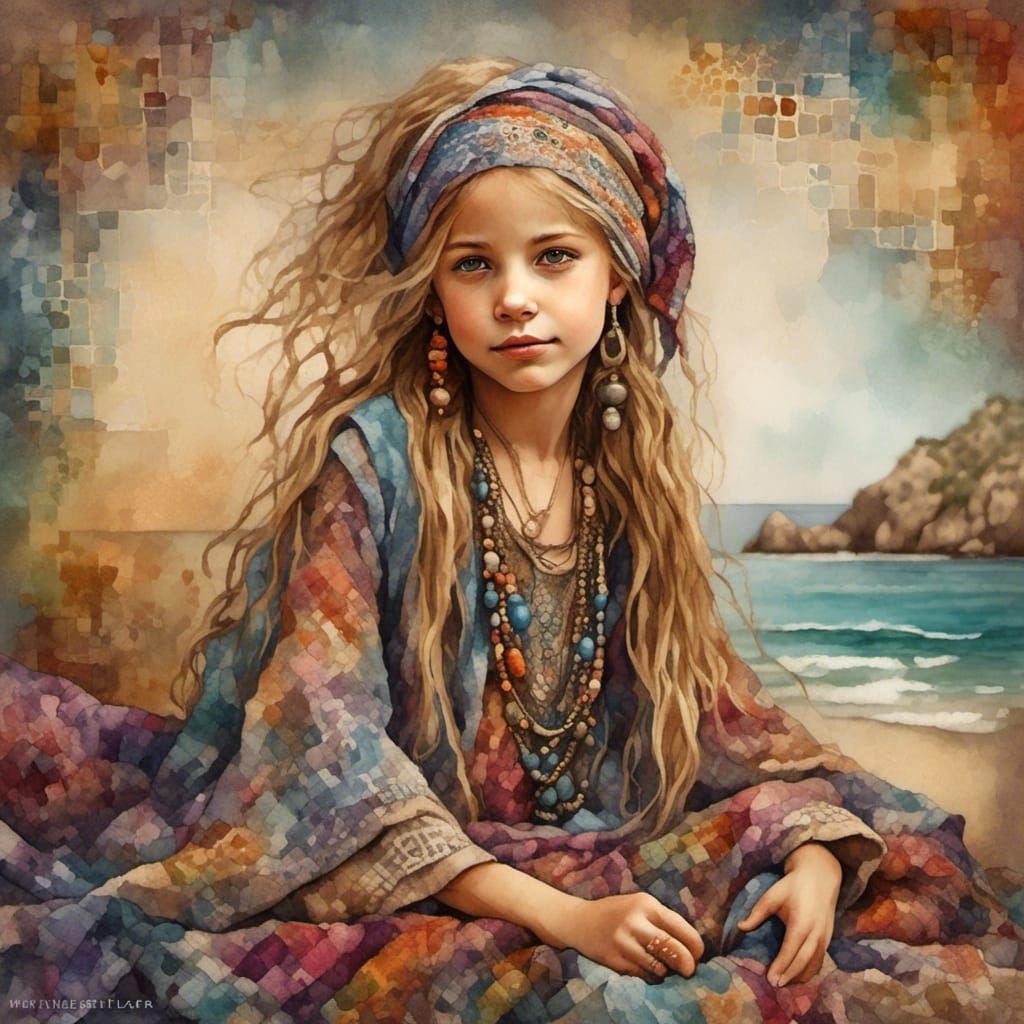 Boho-Styled Girl Portrait with Watercolor Effect