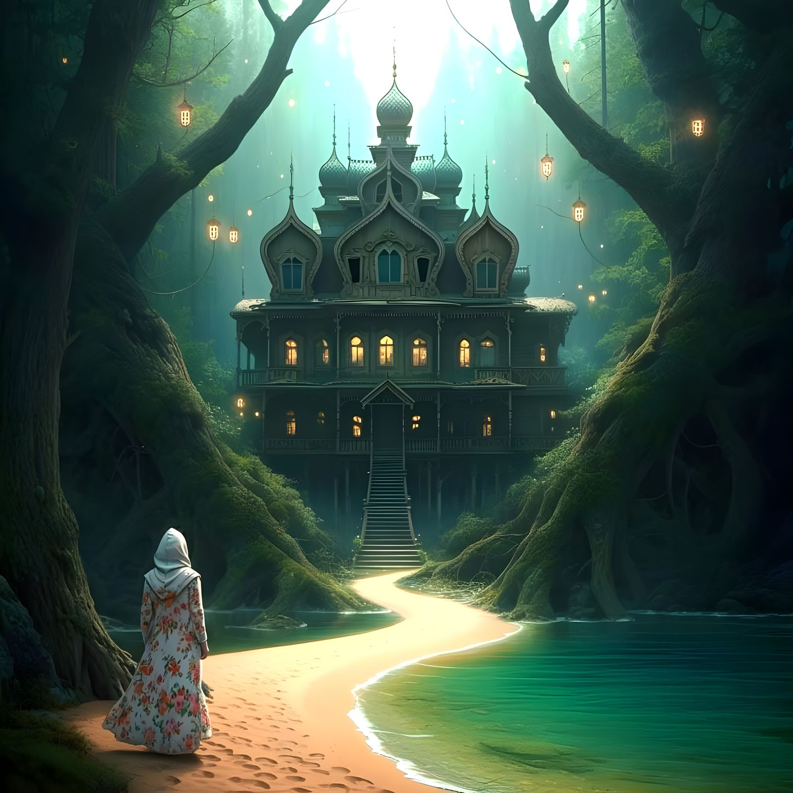 Ethereal Victorian Mansion Beset by Luminous Forest